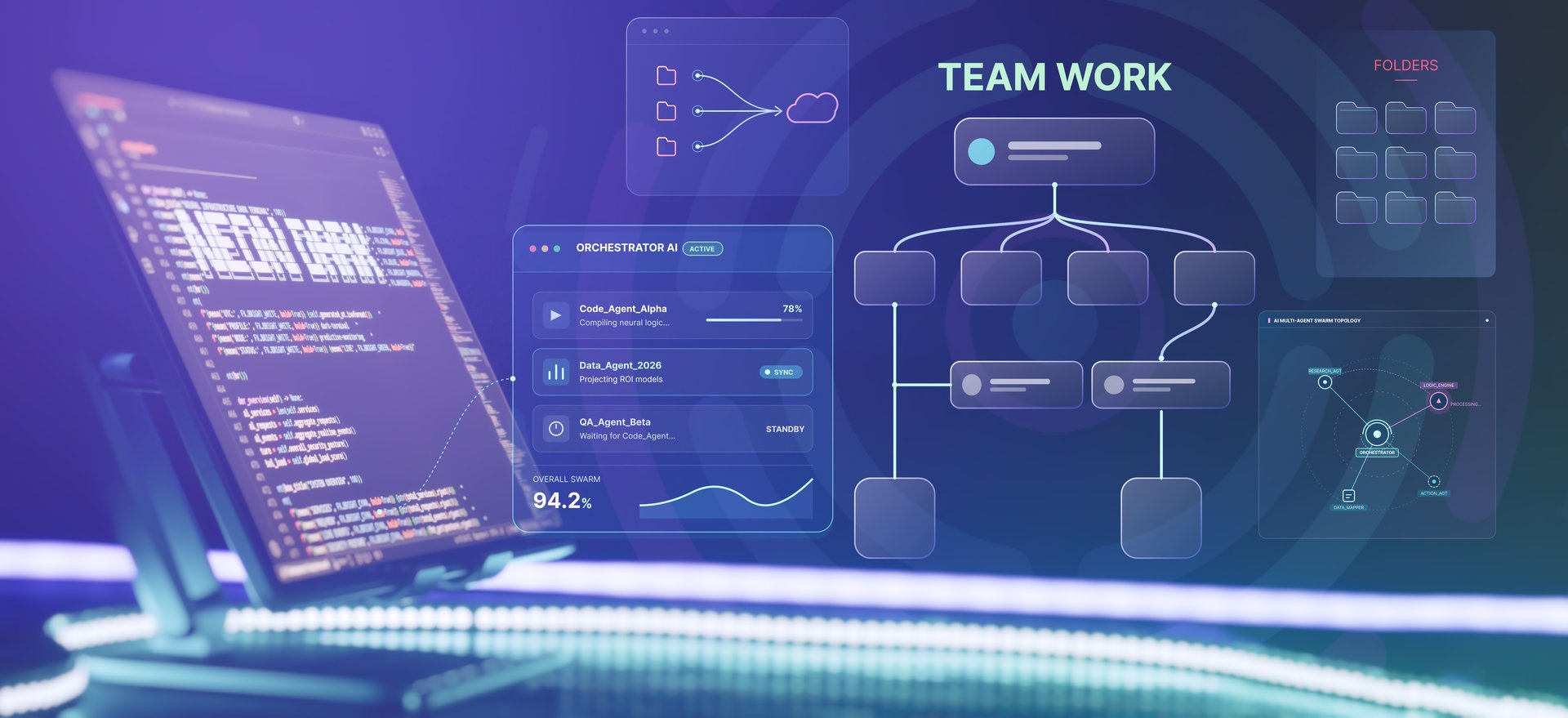 A futuristic AI agent orchestration dashboard — multi-agent topology, code-and-cloud workflow, hierarchical task structure